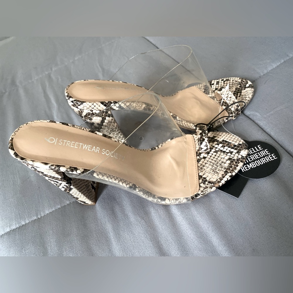 BRAND NEW! Women Clear Strap Chunky Heeled Mule snake skin Heel
